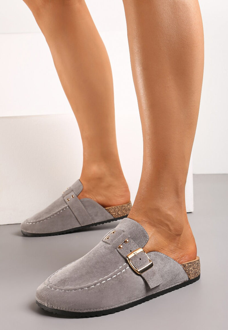 MIND by lene Grå Mules med Spænde Ruskindslook