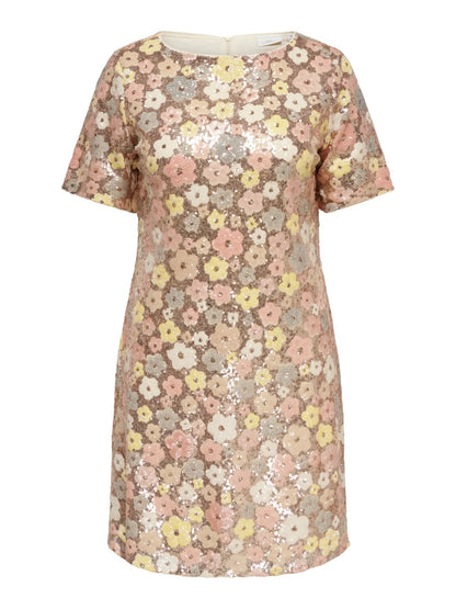 CARMABELLE S/S BOATNECK MIDI DRESS JRS - Sunlight (Mabelle) Floral sequin copper