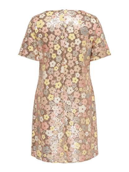 CARMABELLE S/S BOATNECK MIDI DRESS JRS - Sunlight (Mabelle) Floral sequin copper