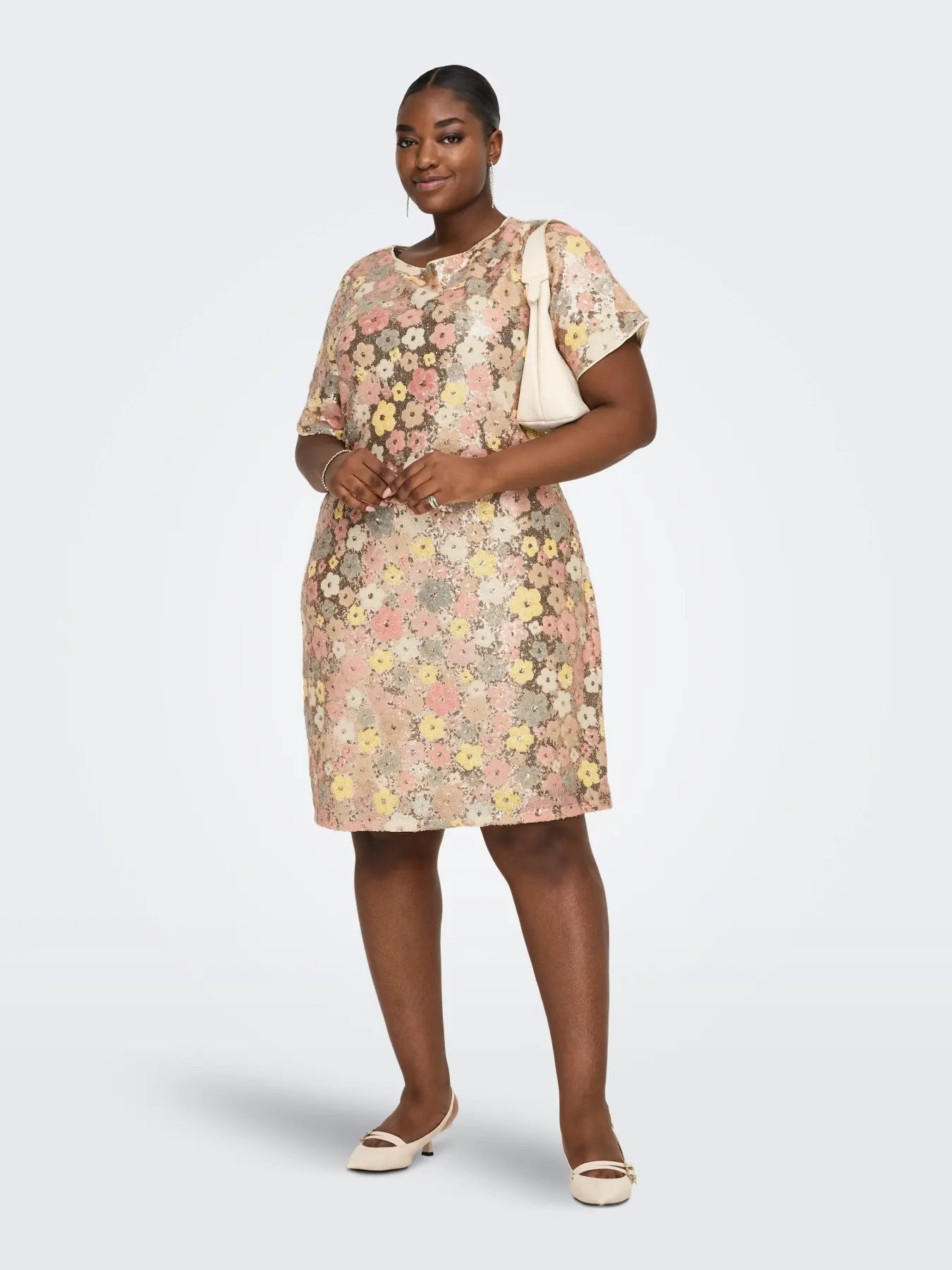 CARMABELLE S/S BOATNECK MIDI DRESS JRS - Sunlight (Mabelle) Floral sequin copper