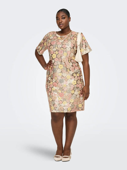 CARMABELLE S/S BOATNECK MIDI DRESS JRS - Sunlight (Mabelle) Floral sequin copper