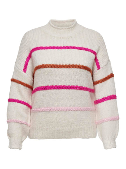 ONLY Carmakoma Birch Knockout Pink/Autumn Glaze/PINK-A-B Pullover CARMY LS STRIPE HIGH NECK KNT