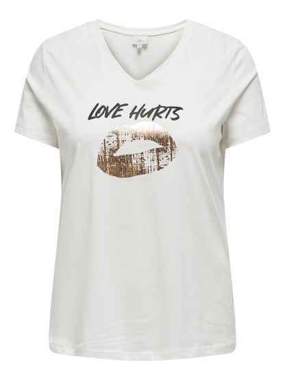 ONLY Carmakoma Cloud Dancer FOIL LIPS T-Shirt CARLYDIA LIFE SS V-NECK REG TEE JRS