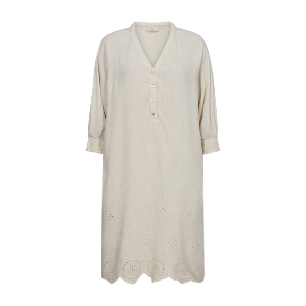 beige kjole med raglan 2/4 ærmer og v-hals og broderi forneden. Freequent Moonbeam Melange FQLINUS-DRESS