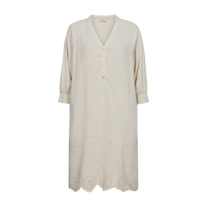 beige kjole med raglan 2/4 ærmer og v-hals og broderi forneden. Freequent Moonbeam Melange FQLINUS-DRESS