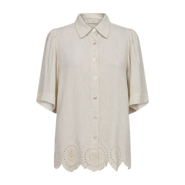 kortærmet beige skjorte bluse med broderi forneden Freequent Moonbeam Melange FQLINUS-BLOUSE