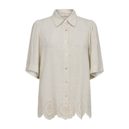 kortærmet beige skjorte bluse med broderi forneden Freequent Moonbeam Melange FQLINUS-BLOUSE