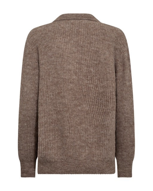 brun strik pullover med v-hals og krave. Freequent FQHILL-PULLOVER Morel Melange