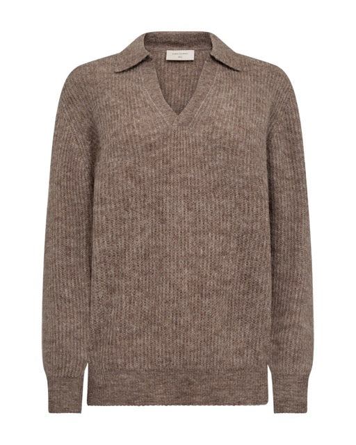 brun strik pullover med v-hals og krave. Freequent FQHILL-PULLOVER Morel Melange