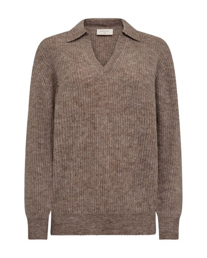 brun strik pullover med v-hals og krave. Freequent FQHILL-PULLOVER Morel Melange