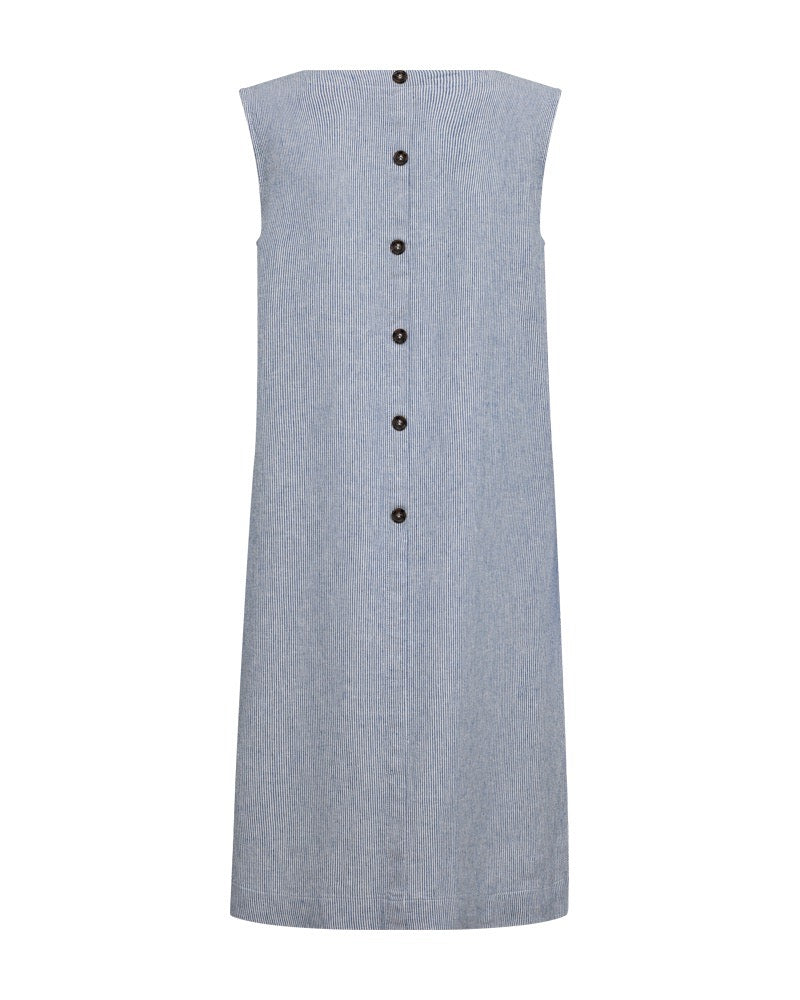 ryggen af blå kjole uden ærmer med rund hals og knapper på ryggen. Freequent Simply Taupe w Off-white FQLAVA-DRESS