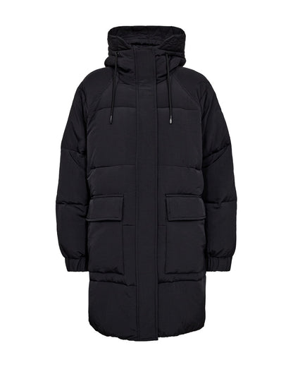 sort vinterjakke med hætte med snøre og skjult lynlåslukning. Freequent FQMELLOW-JACKET Black