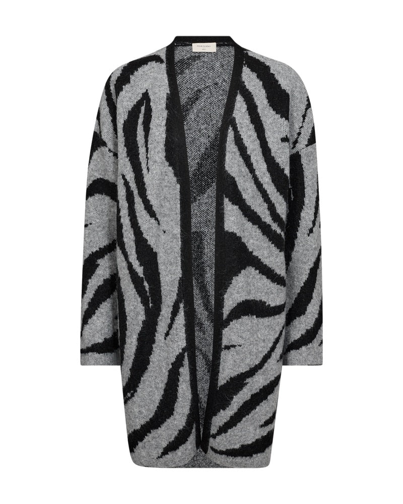 strikket cardigan med zebramønster i sort/grå. Freequent FQROMA-CARDIGAN Medium Grey Mel. w. Black