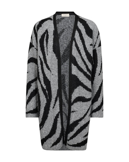 strikket cardigan med zebramønster i sort/grå. Freequent FQROMA-CARDIGAN Medium Grey Mel. w. Black