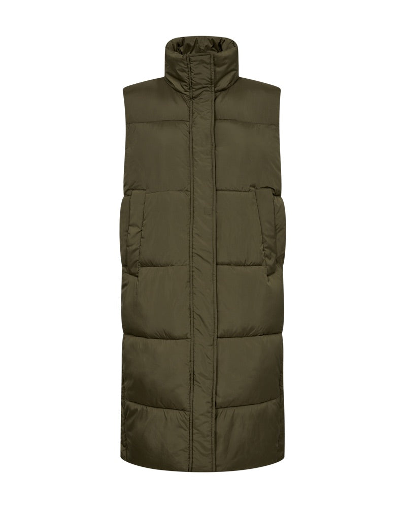 lang grøn vest med høj hals og skjult lynlåslukning. Freequent FQLULA-WAISTCOAT Olive Night
