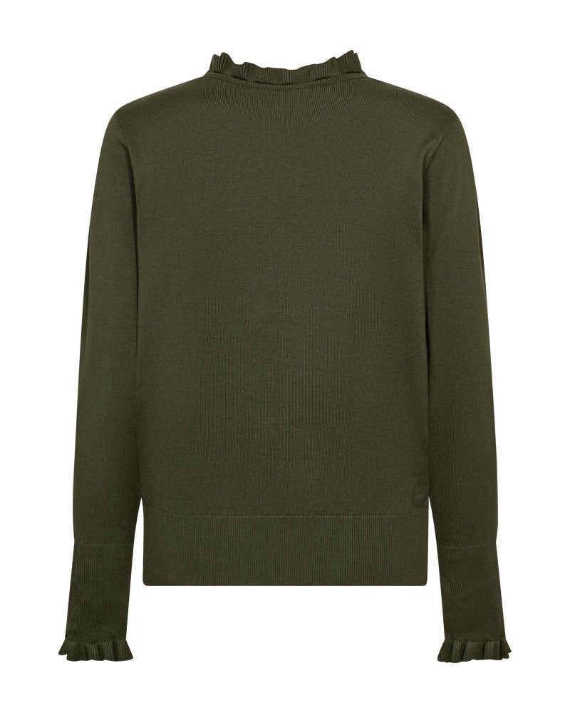 grøn strik med flæser og knapper på ærmerne. Freequent FQKATIE-PULLOVER Kombu Green