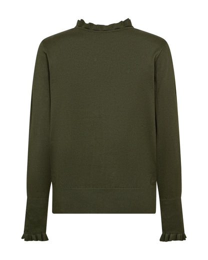 grøn strik med flæser og knapper på ærmerne. Freequent FQKATIE-PULLOVER Kombu Green