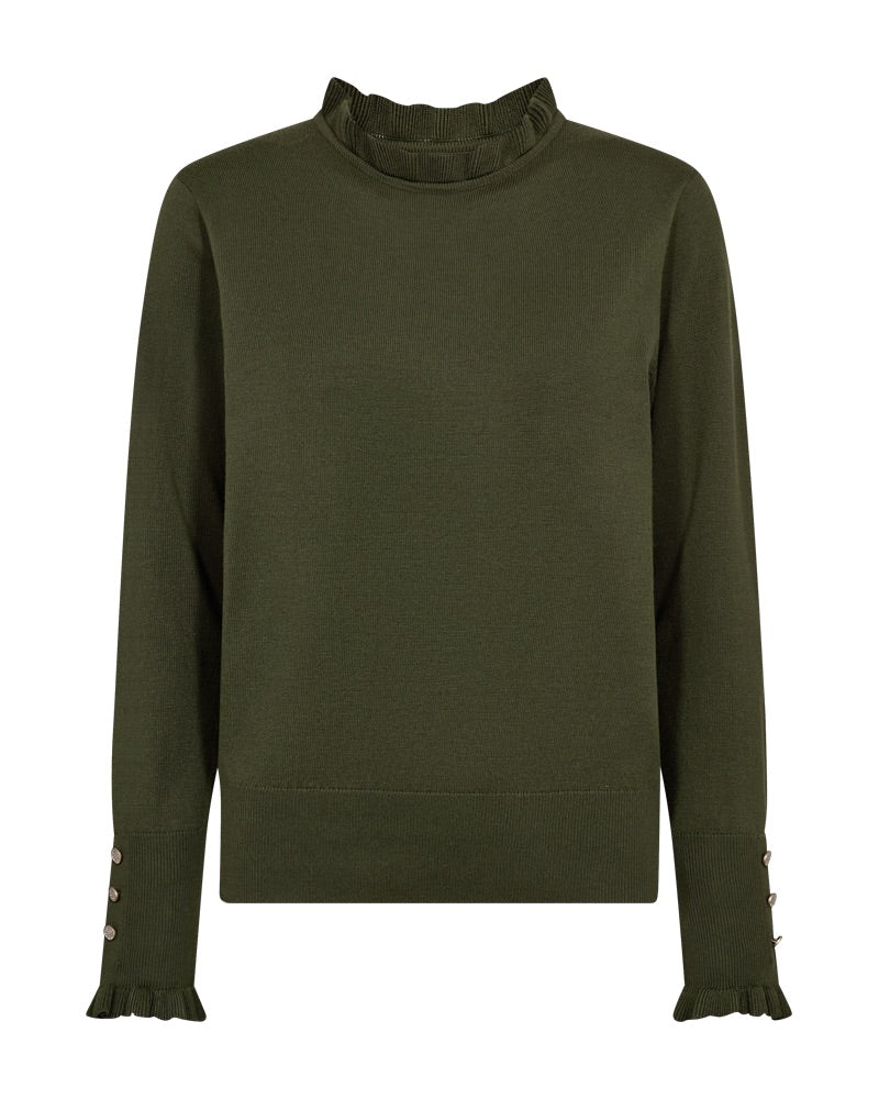 grøn strik med flæser og knapper på ærmerne. Freequent FQKATIE-PULLOVER Kombu Green