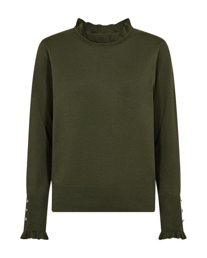 grøn strik med flæser og knapper på ærmerne. Freequent FQKATIE-PULLOVER Kombu Green
