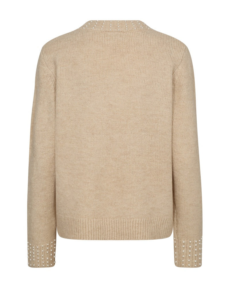 Ryggen af Beige strik med perler ved halsudskæringen og ærmekanterne FQPEARL-PULLOVER Moonbeam Melange