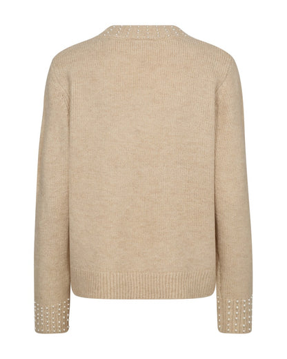 Ryggen af Beige strik med perler ved halsudskæringen og ærmekanterne FQPEARL-PULLOVER Moonbeam Melange