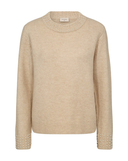 Beige strik med perler ved halsudskæringen og ærmekanterne FQPEARL-PULLOVER Moonbeam Melange