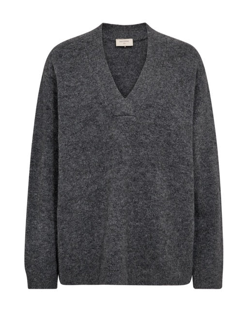 grå strik med v-hals. Freequent FQGRSEVALIN-PULLOVER Dark Grey Melange