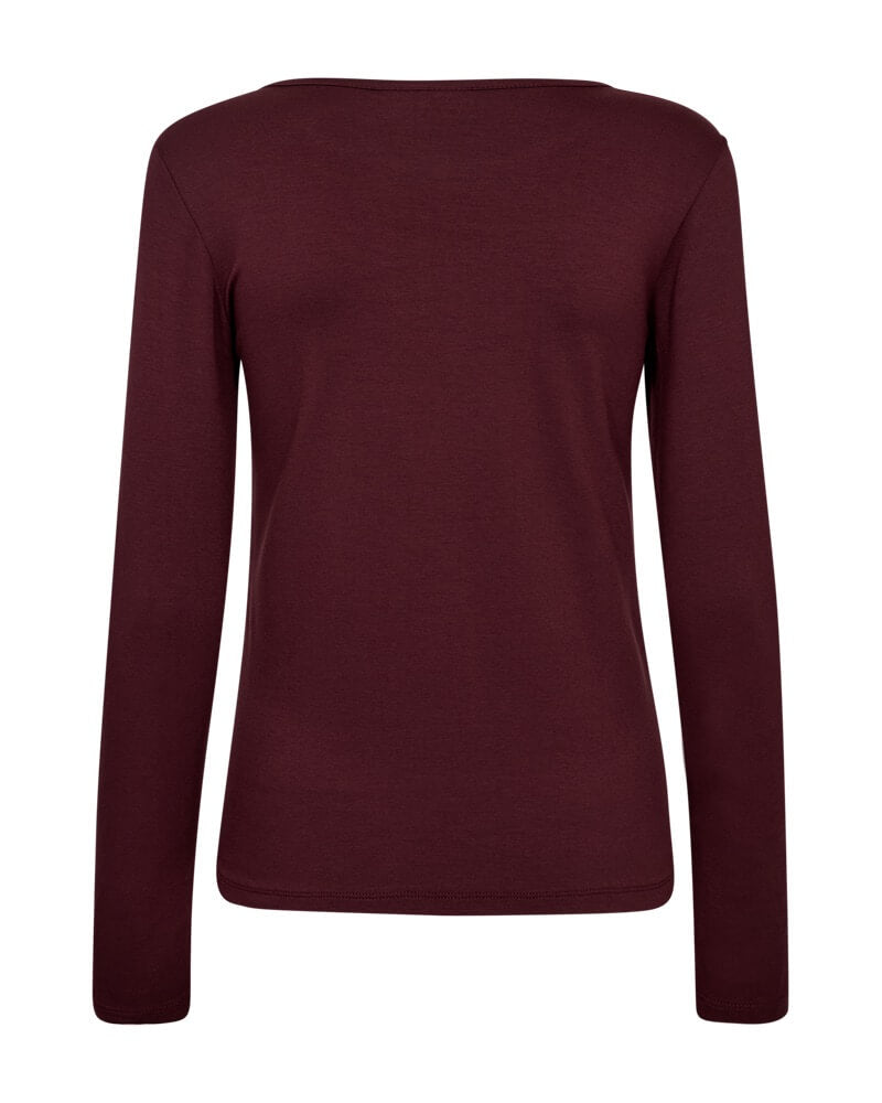 ryggen af lanærmet bordeaux rød bluse med rund hals. Freequent FQLIANA-TEE Port Royale