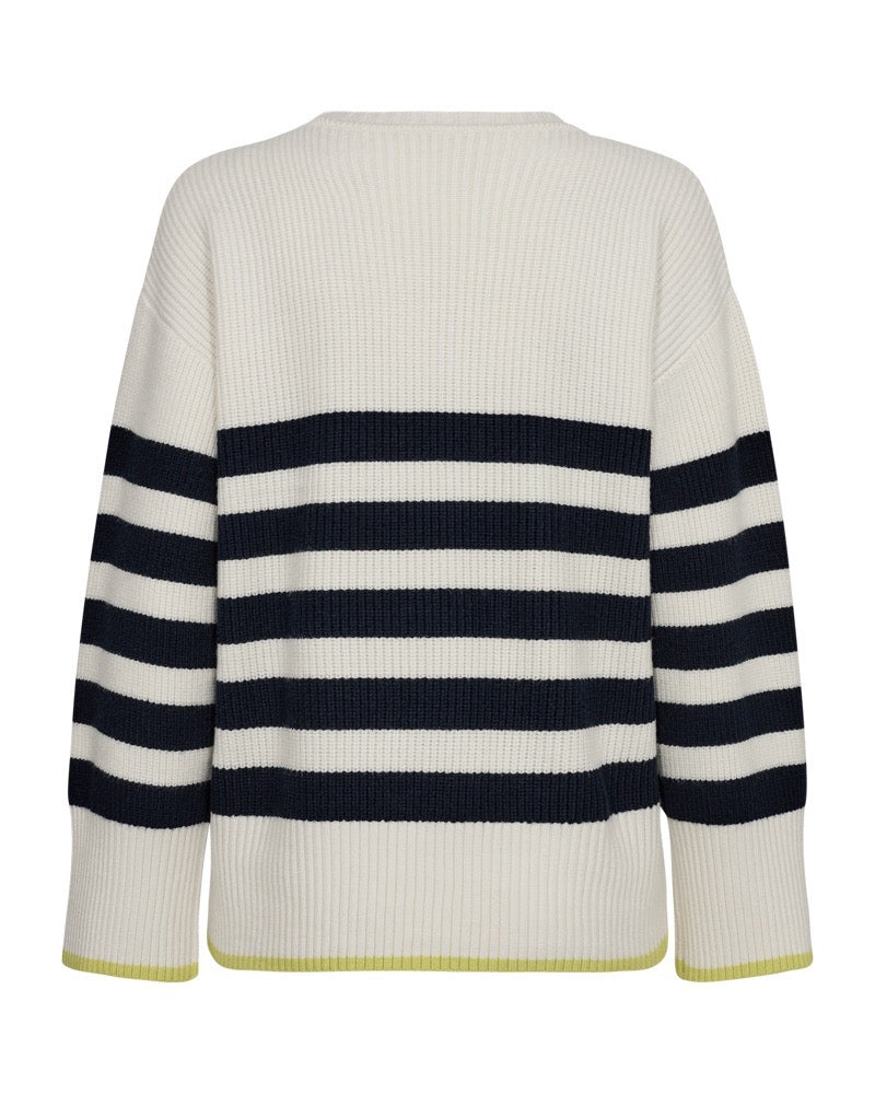 ryggen af stribet strik i hvid med brede navy blå striber og en smal gul bundkant. Freequent Off-white Navy Blazer FQCLARA-PULLOVER