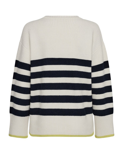 ryggen af stribet strik i hvid med brede navy blå striber og en smal gul bundkant. Freequent Off-white Navy Blazer FQCLARA-PULLOVER