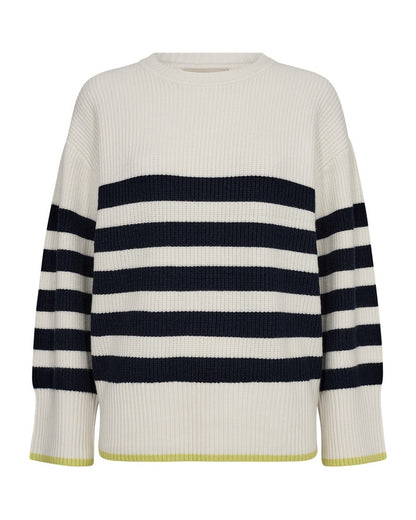 stribet strik i hvid med brede navy blå striber og en smal gul bundkant. Freequent Off-white Navy Blazer FQCLARA-PULLOVER