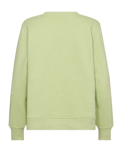 ryggen af limegrøn sweatshirt med slids i sidesømmen og broderi på fronten. Freequent Shadow Lime FQPROSIT-PULLOVER