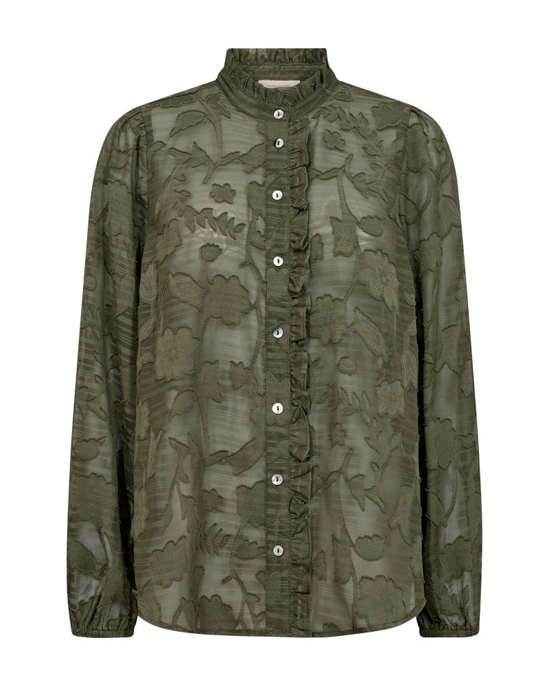 gennemsigtig grøn skjorte med blomstret mønster og flæsekrave. Freequent Deep Lichen Green FQCIME-SHIRT