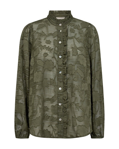 gennemsigtig grøn skjorte med blomstret mønster og flæsekrave. Freequent Deep Lichen Green FQCIME-SHIRT