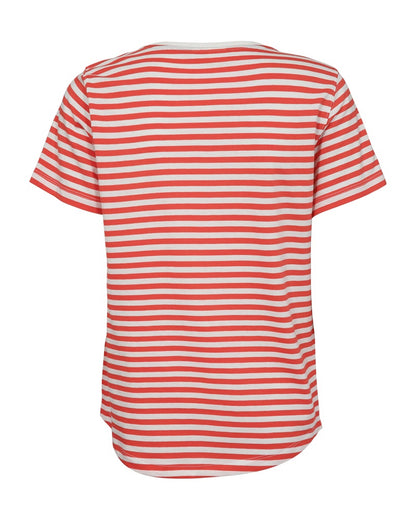 ryggen af kortærmet stribet t-shirt i rød hvid med sort hjerte på brystet. Freequent Off-white Bittersweet FQMIAN-TEE