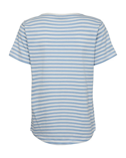 ryggen af kortærmet stribet t-shirt i lyseblå hvis med et lille sort hjerte på brystet. Freequent Off-white blue FQMIAN-TEE