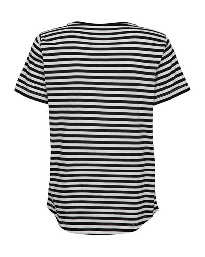 ryggen af kortærmet stribet t-shirt sort hvid med lyserød hjerte på brystet. Freequent Black Off-white FQMIAN-TEE