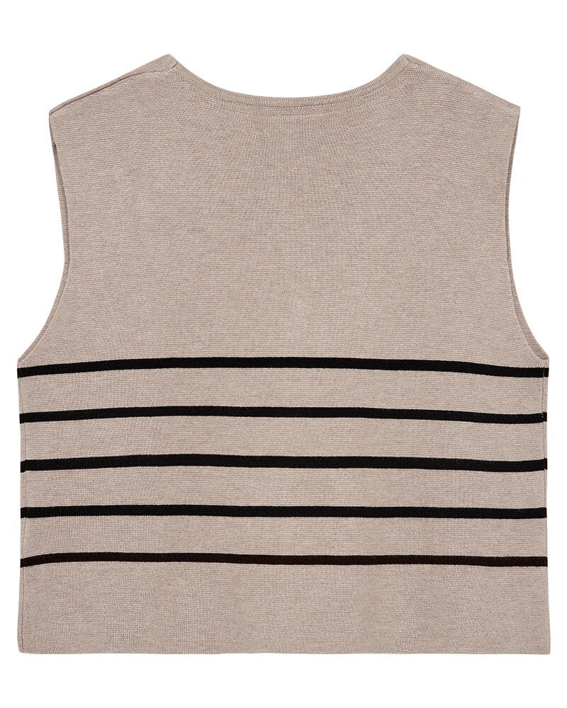 ryggen gf beige vest med tynde sorte striber over brystet. Freequent FQANI-WAISTCOAT Simply Taupe mel. w Black