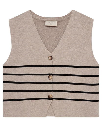 beige vest med tynde sorte striber over brystet. Freequent FQANI-WAISTCOAT Simply Taupe mel. w Black