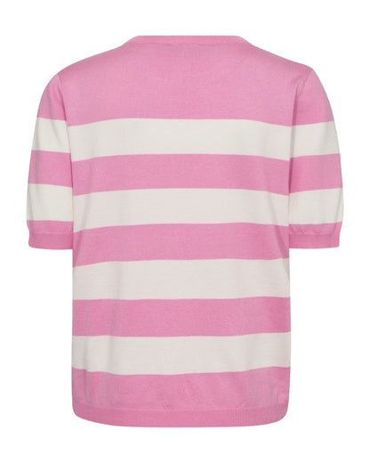 ryggen af kortærmet lyserød t-shirt med brede hvide striber. Freequent Pink Off-White FQPIXIE-PULLOVER