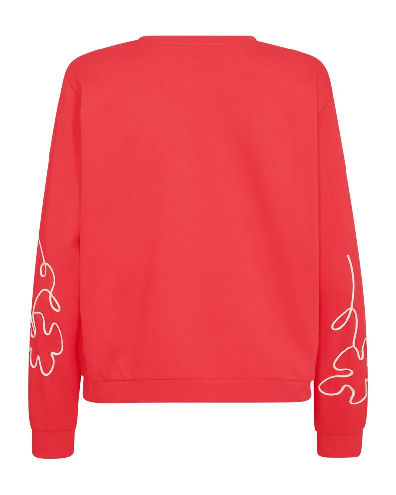 simpel ryg på rød sweatshirt med rund hals og blomstermønster i hvidt outline broderi. Freequent FQNALE-PULLOVER Bittersweet w. Star Off-white