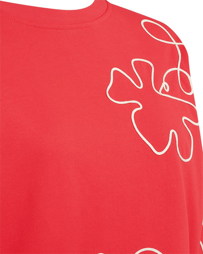 closeup af rød sweatshirt med rund hals og blomstermønster i hvidt outline broderi. Freequent FQNALE-PULLOVER Bittersweet w. Star Off-white