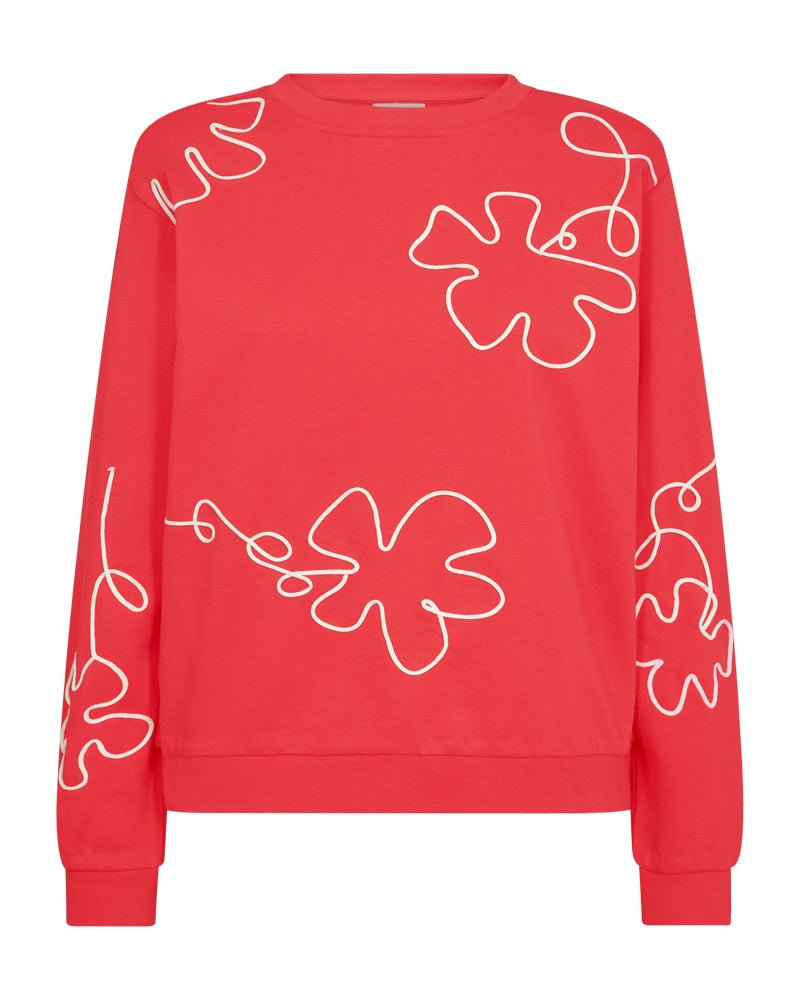 rød sweatshirt med rund hals og blomstermønster i hvidt outline broderi. Freequent FQNALE-PULLOVER Bittersweet w. Star Off-white