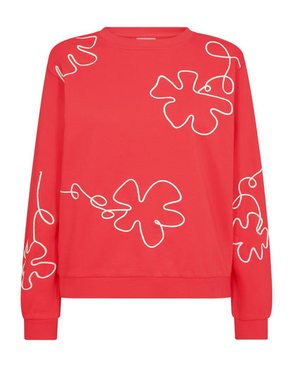 rød sweatshirt med rund hals og blomstermønster i hvidt outline broderi. Freequent FQNALE-PULLOVER Bittersweet w. Star Off-white