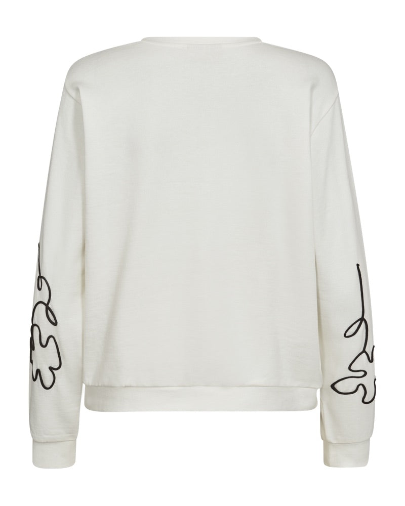 simpel ryg på hvid sweatshirt med rund hals og blomstermønster i et sort outline broderi. Freequent FQNALE-PULLOVER Star Off-white w. Black