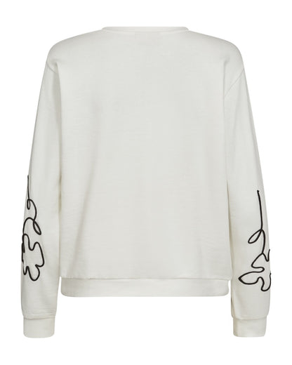 simpel ryg på hvid sweatshirt med rund hals og blomstermønster i et sort outline broderi. Freequent FQNALE-PULLOVER Star Off-white w. Black