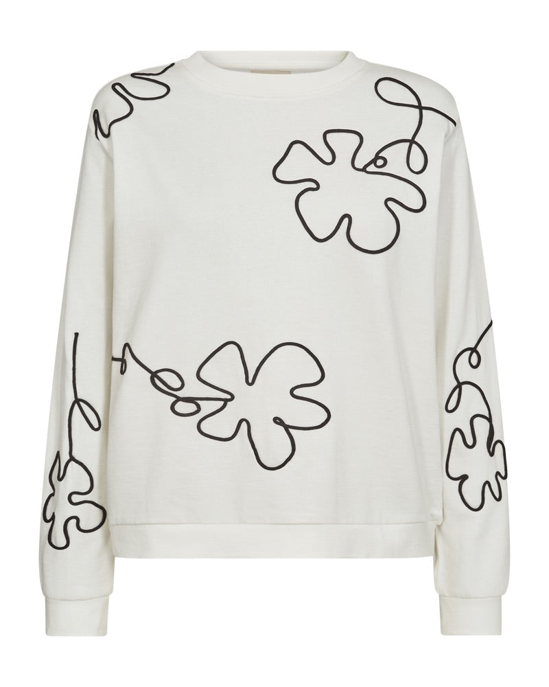 hvid sweatshirt med rund hals og blomstermønster i et sort outline broderi. Freequent FQNALE-PULLOVER Star Off-white w. Black