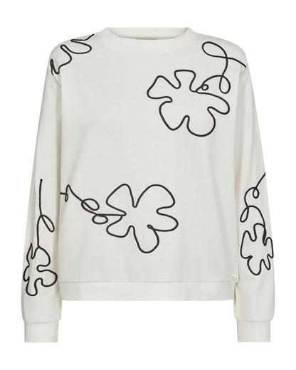hvid sweatshirt med rund hals og blomstermønster i et sort outline broderi. Freequent FQNALE-PULLOVER Star Off-white w. Black