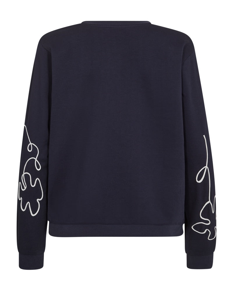 simpel ryg på blå sweatshirt med rund hals og blomstermønster i hvidt outline broderi. Freequent FQNALE-PULLOVER Navy Blazer w. Star Off-white