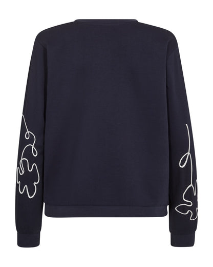 simpel ryg på blå sweatshirt med rund hals og blomstermønster i hvidt outline broderi. Freequent FQNALE-PULLOVER Navy Blazer w. Star Off-white
